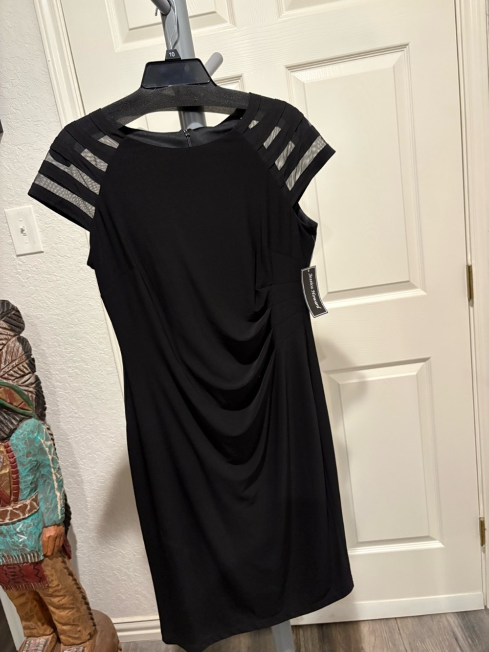 Jessica Howard Black Midi Dress with Sheer Stripe Sleeves